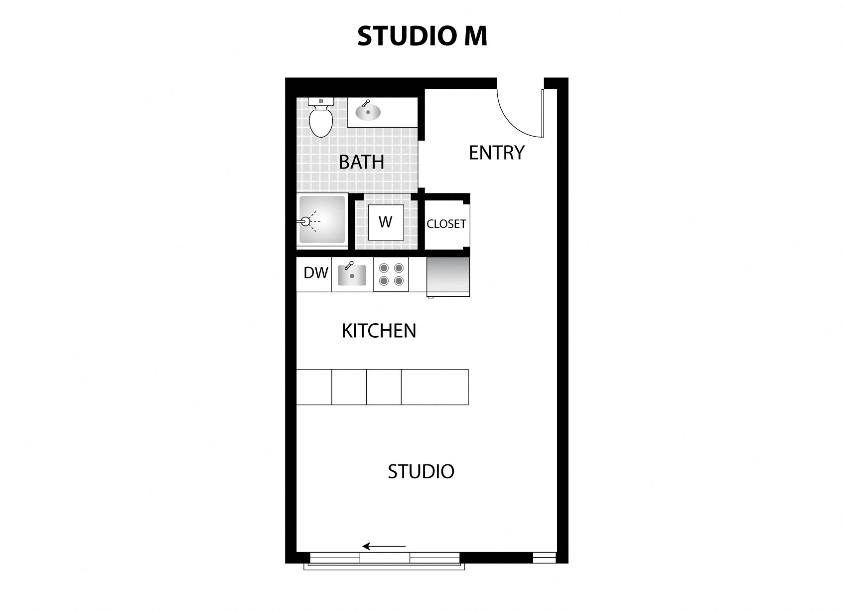 a floor plan of studio m with a kitchen and a living room
